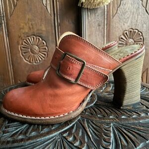 Fiorentini + Baker Rust Orange Leather Big Buckle Mules *Rare